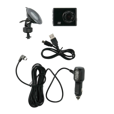 Dash camera laid out with a suction mount, vehicle power lead and USB cable