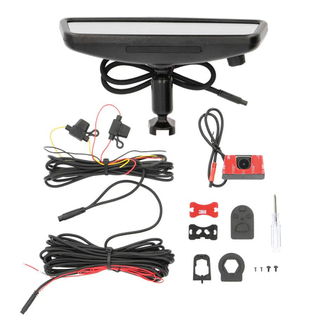 Mirror camera kit laid out with a rear camera, wiring, mounting adapters and screws