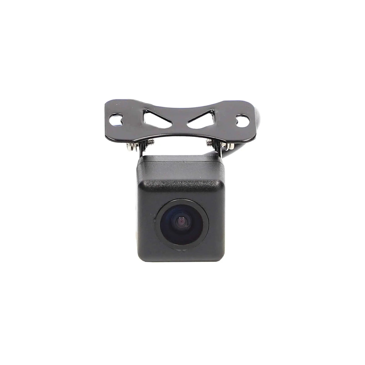 Front of a small square backup camera with an adjustable mounting bracket