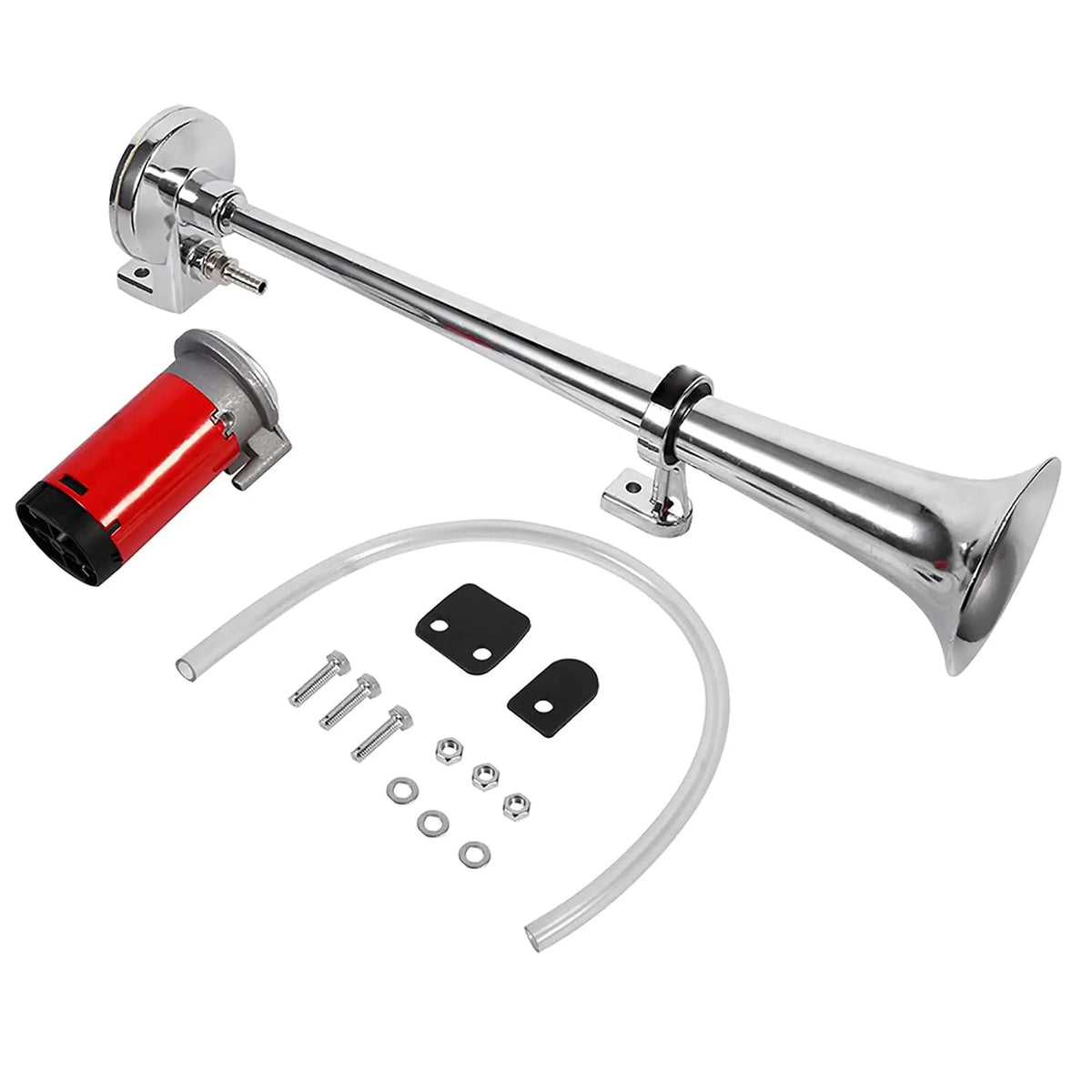 Long chrome trumpet air horn with a red compressor, clear hose, mounting pads and fasteners
