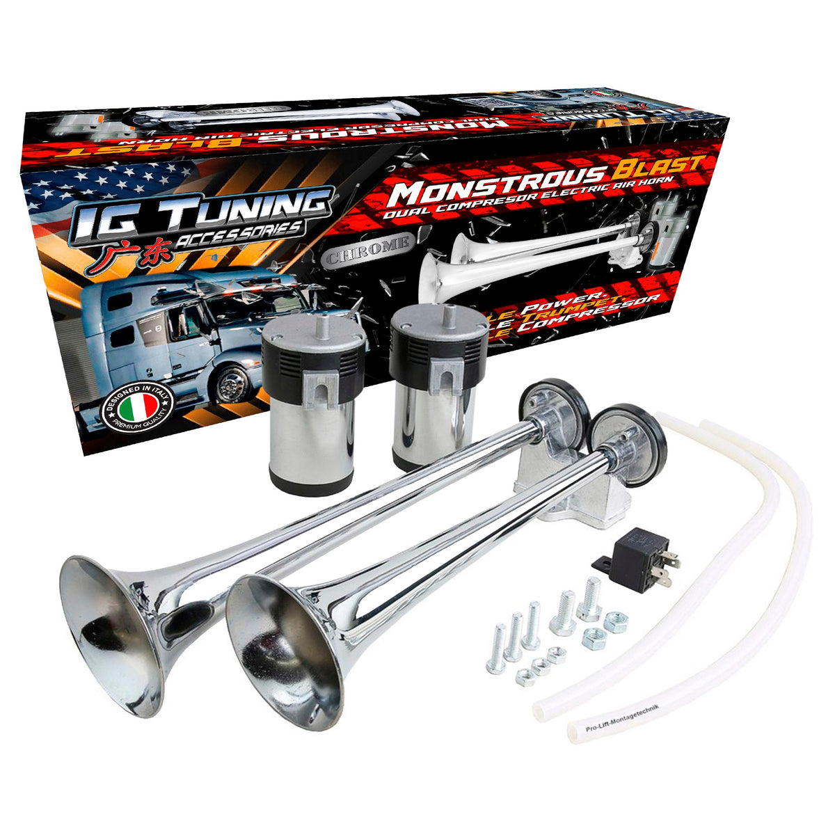 Chrome dual-trumpet air horn kit with two silver compressors, clear tubing, relay and mounting hardware