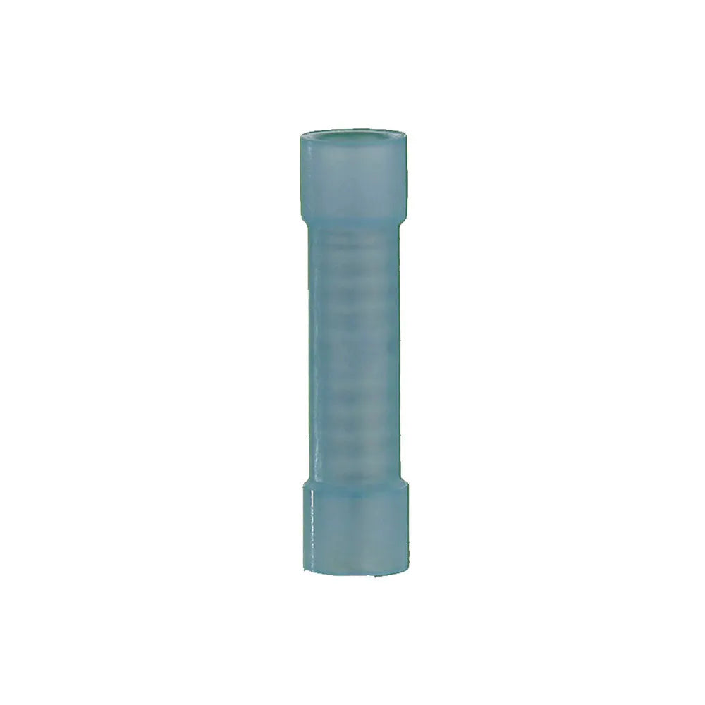 Single blue insulated butt connector shown upright