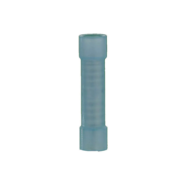 Single blue insulated butt connector shown upright