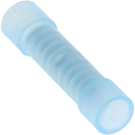 Angled view of a light-blue insulated butt connector