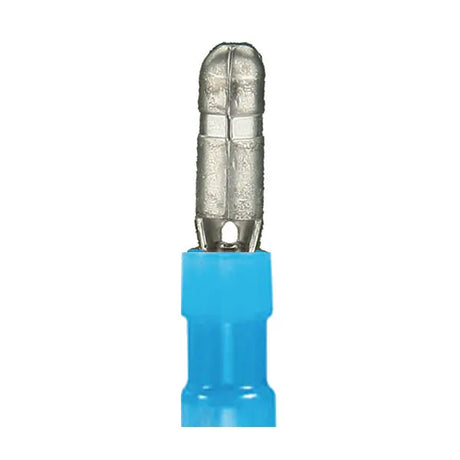 Front view of a male bullet connector with a blue insulated barrel