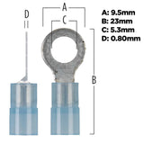 Blue ring-terminal dimension diagram: 9.5 mm outer width, 23 mm length, 5.3 mm hole and 0.80 mm metal thickness