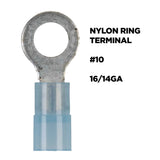 Blue nylon ring-terminal graphic labeled number 10 and 16/14 gauge