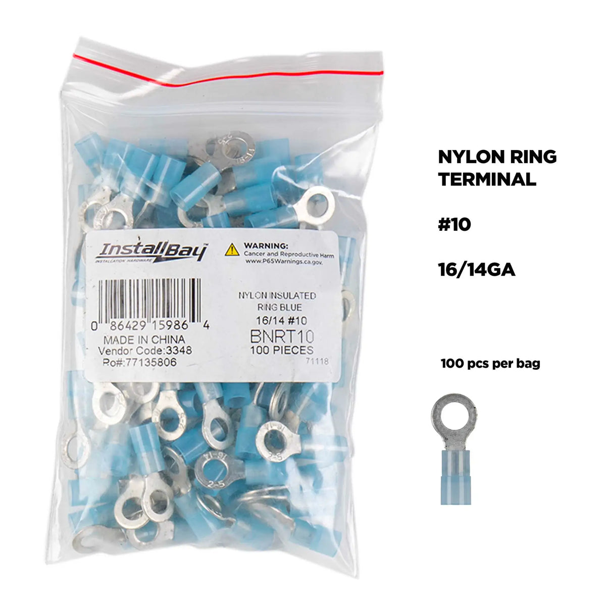 Install Bay BNRT10 Blue Nylon Ring Terminals, 16-14 AWG, #10, 100 Pack