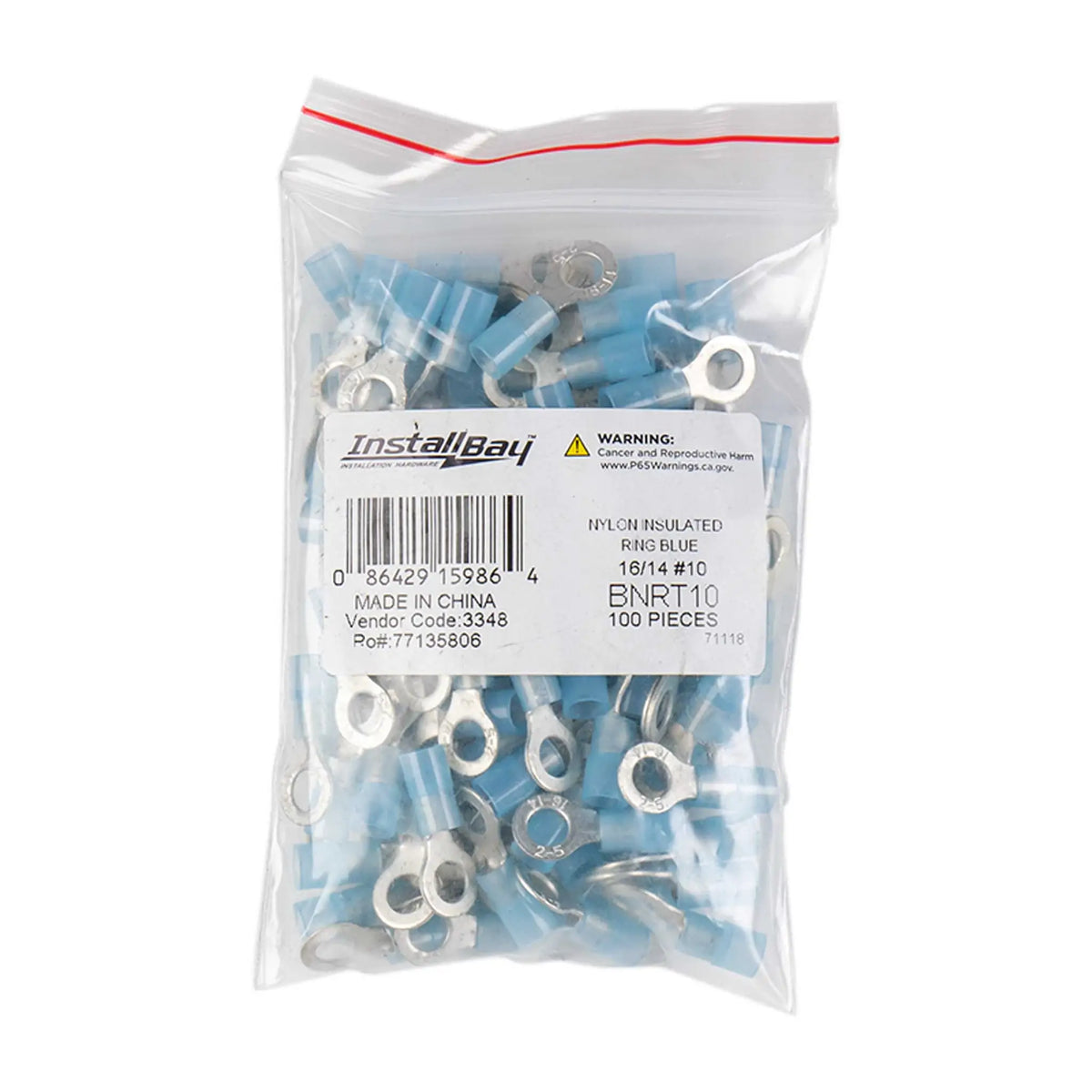 Install Bay BNRT10 Blue Nylon Ring Terminals, 16-14 AWG, #10, 100 Pack