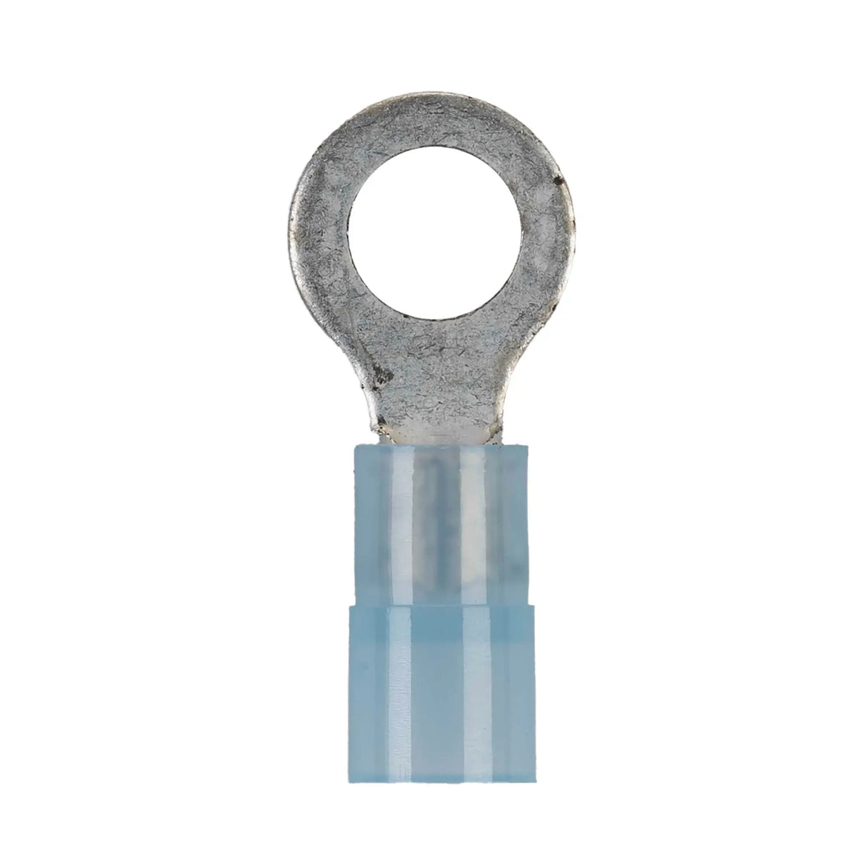 Front view of a blue-insulated ring terminal with a round mounting hole