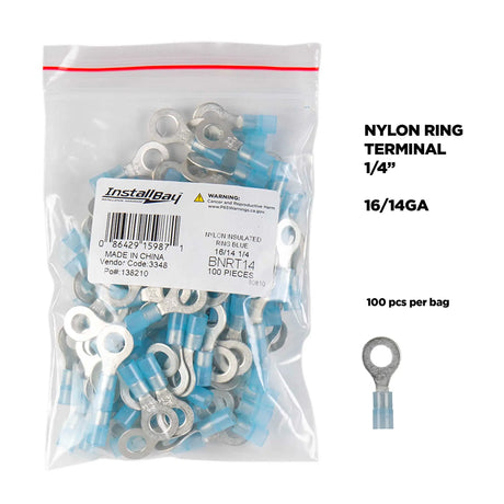 Install Bay BNRT14 Blue Nylon Ring Terminals, 16-14 AWG, 1/4 in, 100 Pack