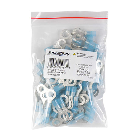 Install Bay BNRT14 Blue Nylon Ring Terminals, 16-14 AWG, 1/4 in, 100 Pack