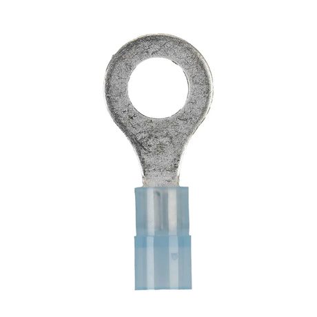 Front view of a blue insulated ring terminal with a round mounting hole