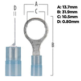 Blue ring-terminal dimension diagram: 13.7 mm outer width, 31.9 mm length, 10.5 mm hole and 0.80 mm metal thickness
