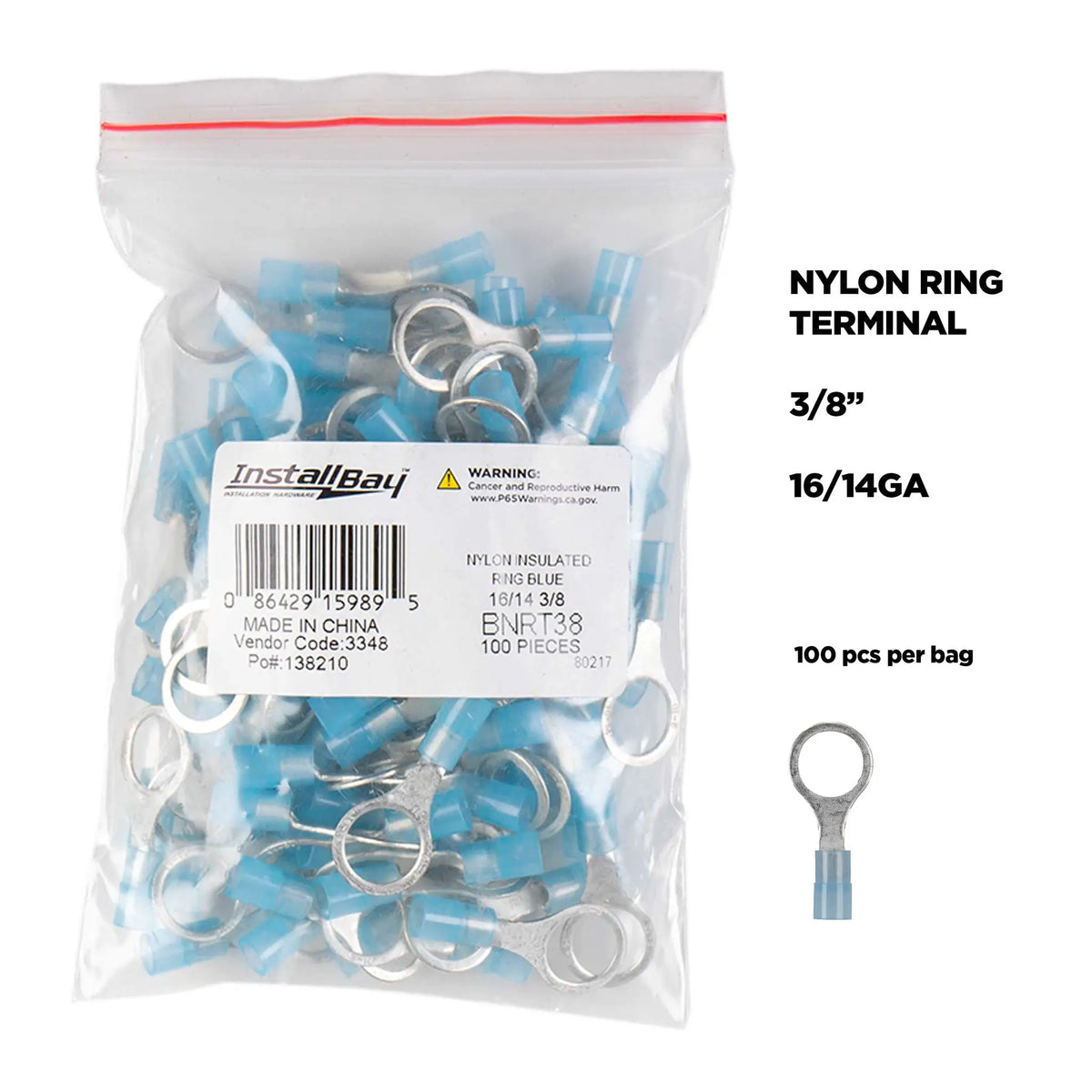 Install Bay BNRT38 Blue Nylon Ring Terminals, 16-14 AWG, 3/8 in, 100 Pack