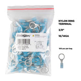 Install Bay BNRT38 Blue Nylon Ring Terminals, 16-14 AWG, 3/8 in, 100 Pack