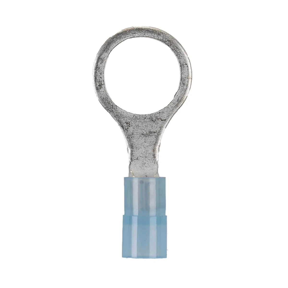 Front view of a large-eyelet ring terminal with a translucent blue insulated barrel