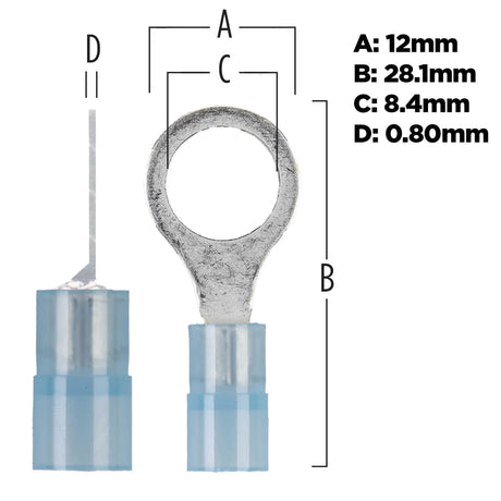 Ring-terminal dimension drawing marking 28.1 mm length, 12 mm outer width, 8.4 mm hole and 0.80 mm metal thickness