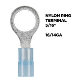 Blue nylon ring-terminal close-up labeled 5/16 inch and 16/14 gauge
