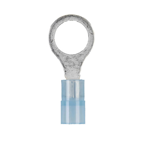 Blue insulated ring terminal shown upright against a white background