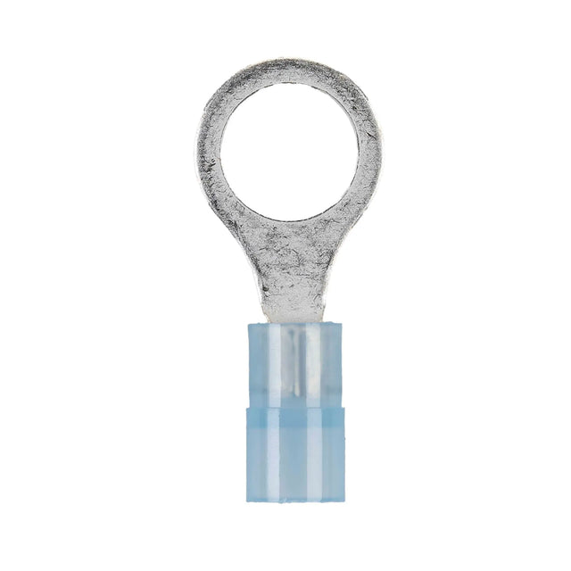 Blue insulated ring terminal shown upright against a white background