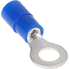 Angled close-up of a blue insulated ring terminal and its round metal eyelet