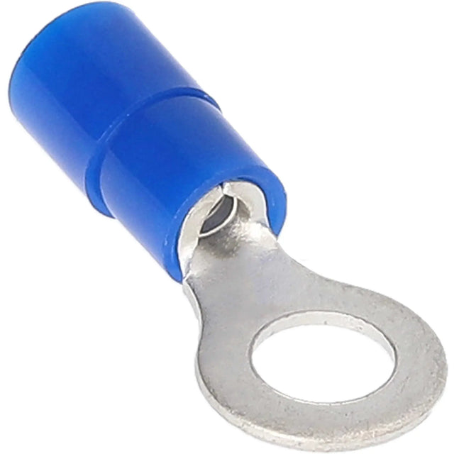 Angled close-up of a blue insulated ring terminal and its round metal eyelet