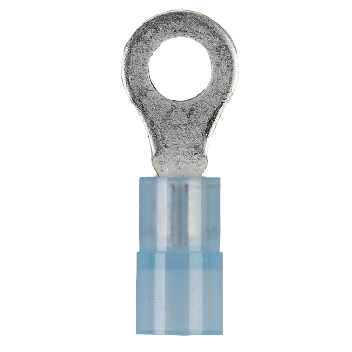 Front view of a ring terminal with a translucent blue insulated barrel