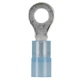 Front view of a ring terminal with a translucent blue insulated barrel