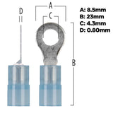 Blue ring-terminal dimension drawing marking 23 mm length, 8.5 mm outer width, 4.3 mm hole and 0.80 mm metal thickness