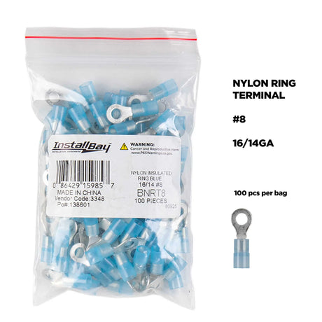 Install Bay BNRT8 Blue Nylon Ring Terminals, 16-14 AWG, #8, 100 Pack