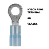 Blue nylon ring-terminal graphic labeled number 8 and 16/14 gauge