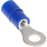 Angled close-up of a blue insulated ring terminal