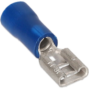 Angled close-up of a blue-insulated female quick-disconnect terminal