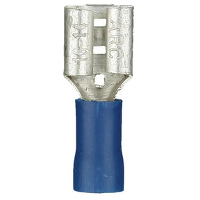 Front view of a blue insulated female quick-disconnect terminal with a flat metal contact