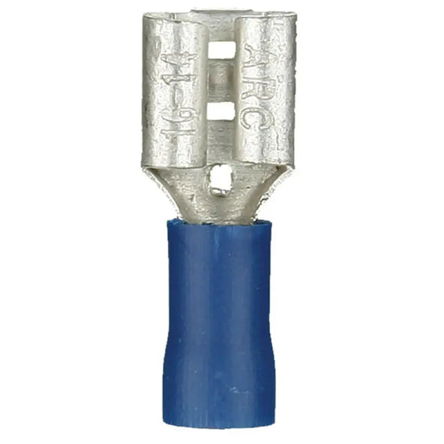 Front view of a blue insulated female quick-disconnect terminal with a flat metal contact