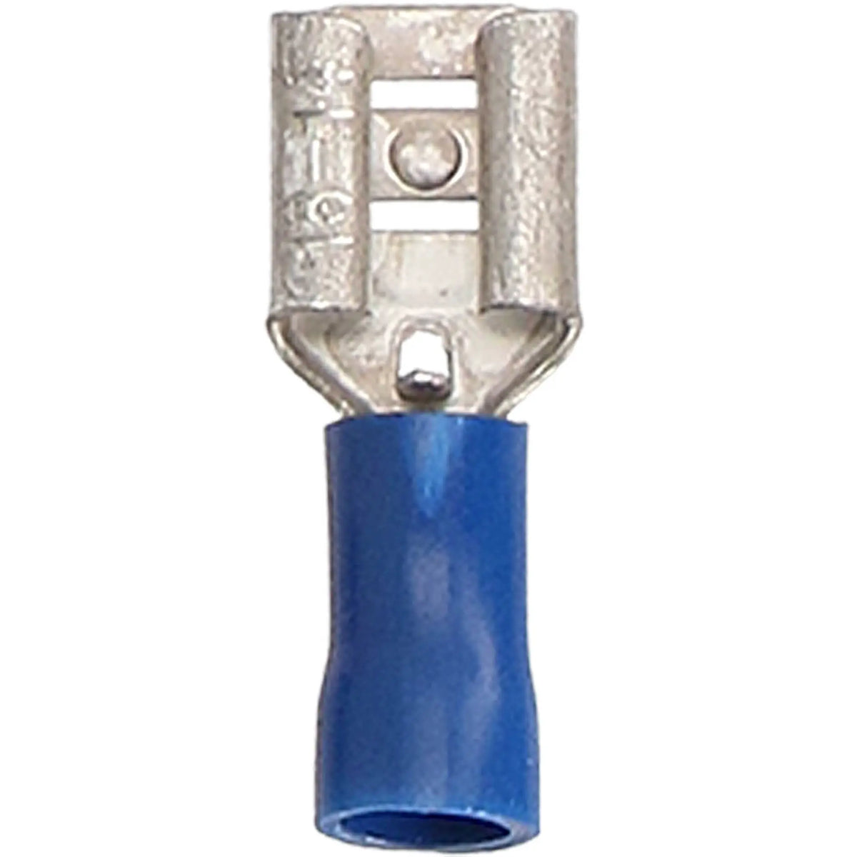 Front view of a blue-insulated female quick-disconnect terminal showing its metal socket