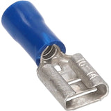Angled view of a blue insulated female quick-disconnect terminal