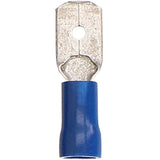 Front view of a blue-insulated male quick-disconnect terminal showing its blade and retaining hole