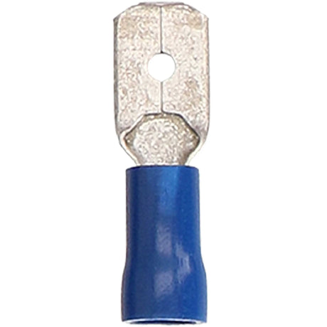 Front view of a blue-insulated male quick-disconnect terminal showing its blade and retaining hole