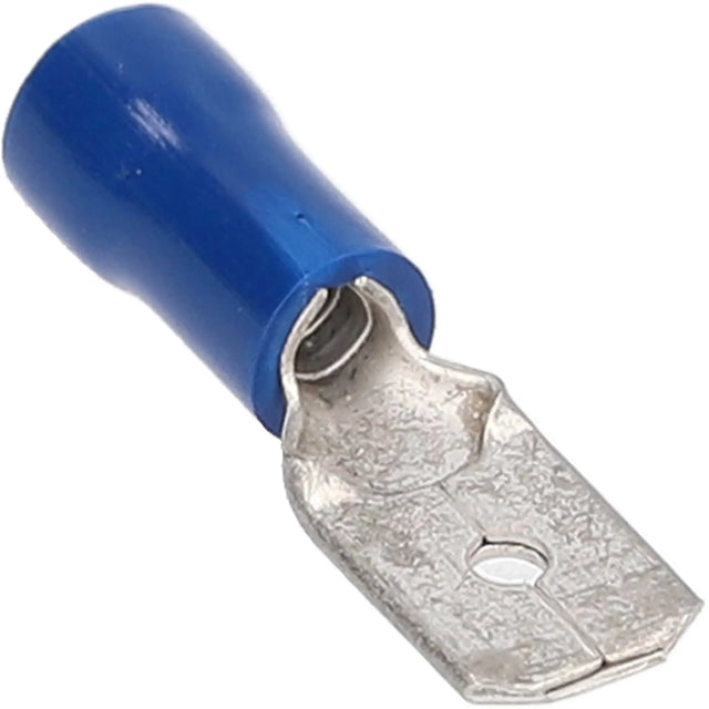 Angled close-up of a blue-insulated male quick-disconnect terminal with a flat blade