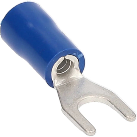 Angled close-up of a blue-insulated spade terminal showing its forked metal end
