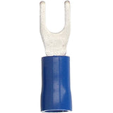 Front view of a blue insulated spade terminal