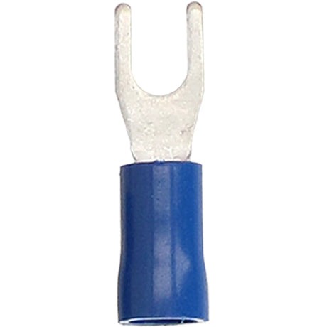 Front view of a blue insulated spade terminal