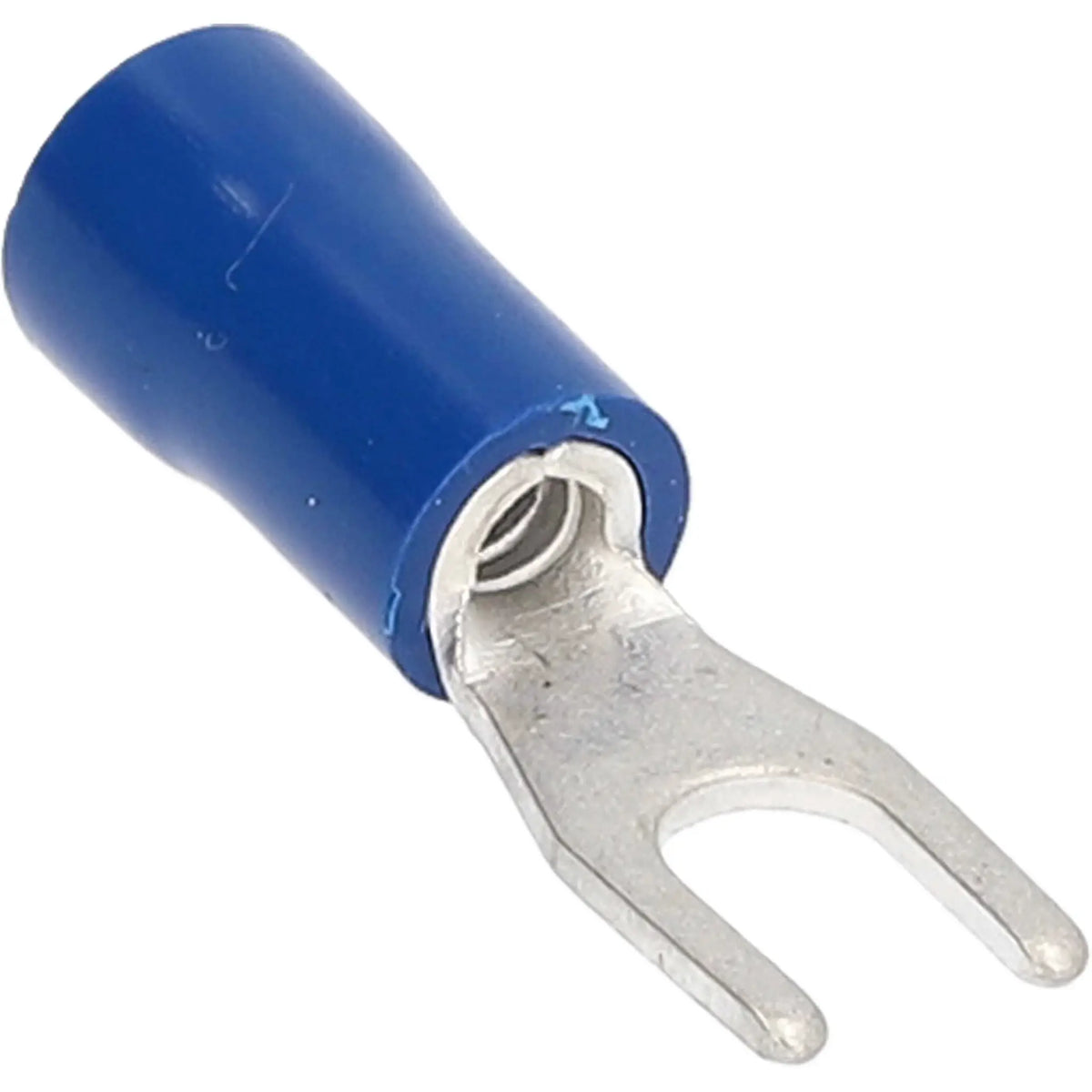 Angled close-up of a blue insulated spade terminal with its forked end visible