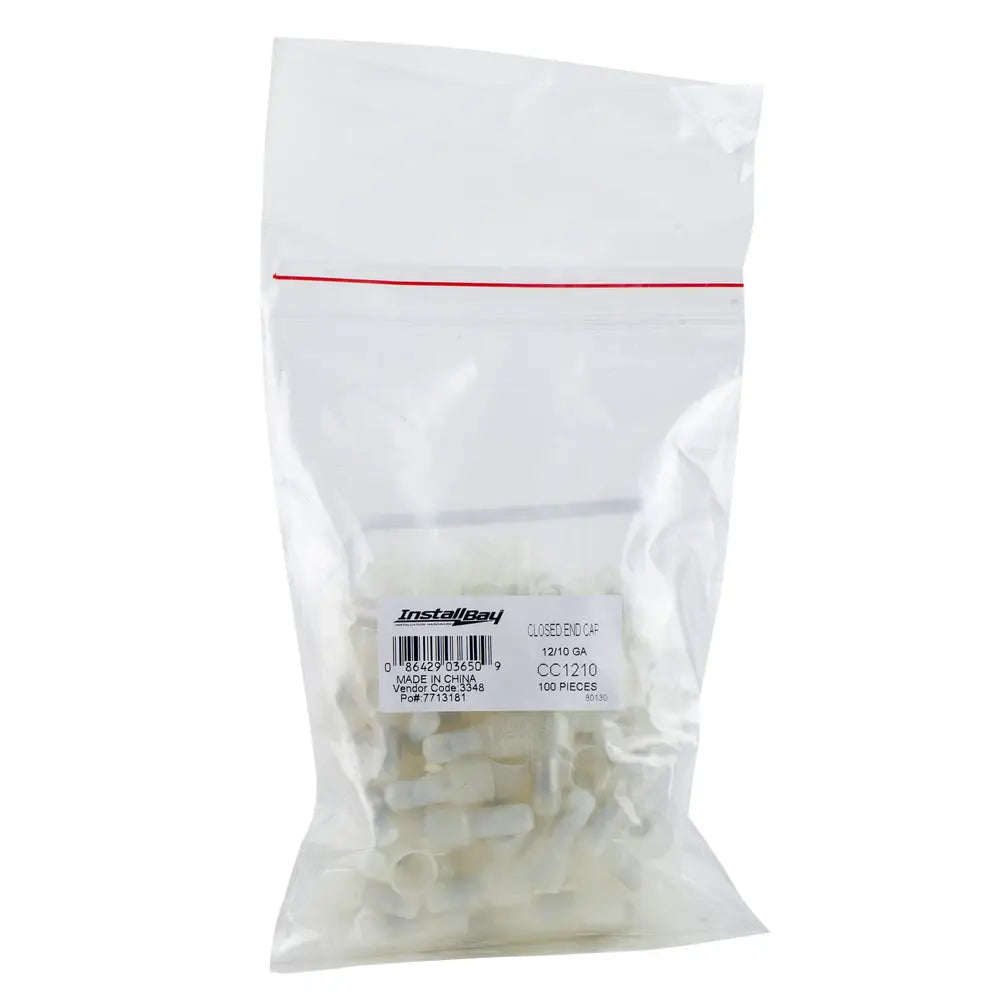 Bag of white Install Bay CC1210 closed-end crimp caps labeled 12–10 gauge and 100 pieces
