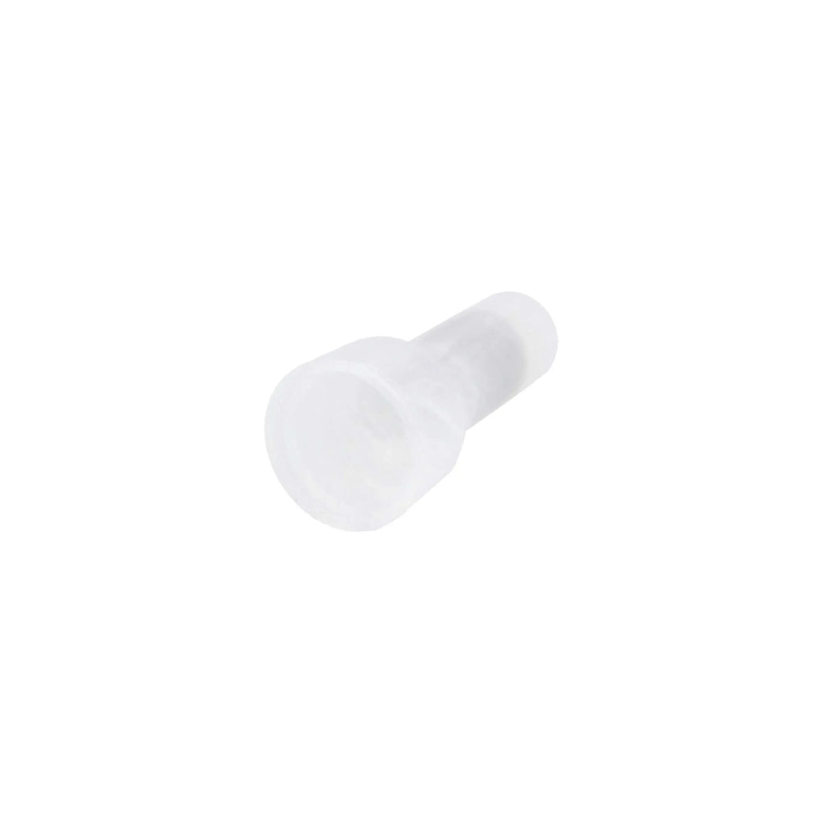 Single white long-neck closed-end crimp cap shown at an angle