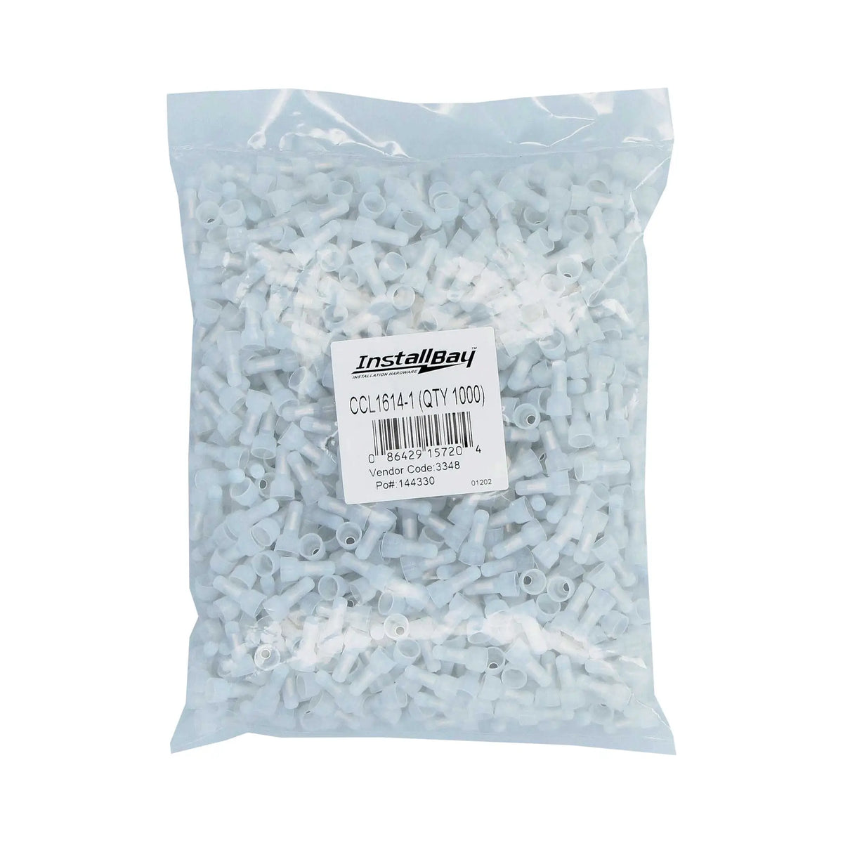 Bag of white Install Bay crimp caps labeled CCL1614-1 and quantity 1000