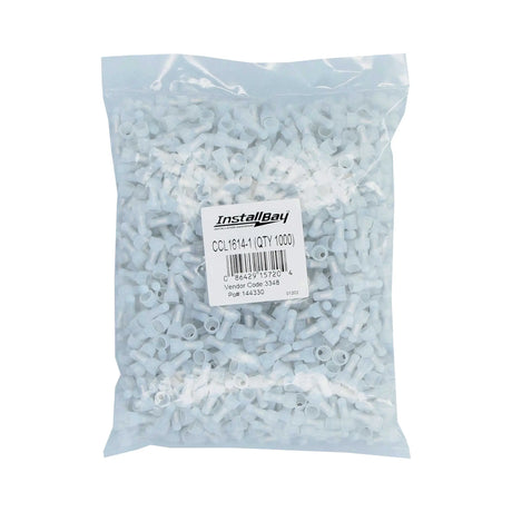 Bag of white Install Bay crimp caps labeled CCL1614-1 and quantity 1000