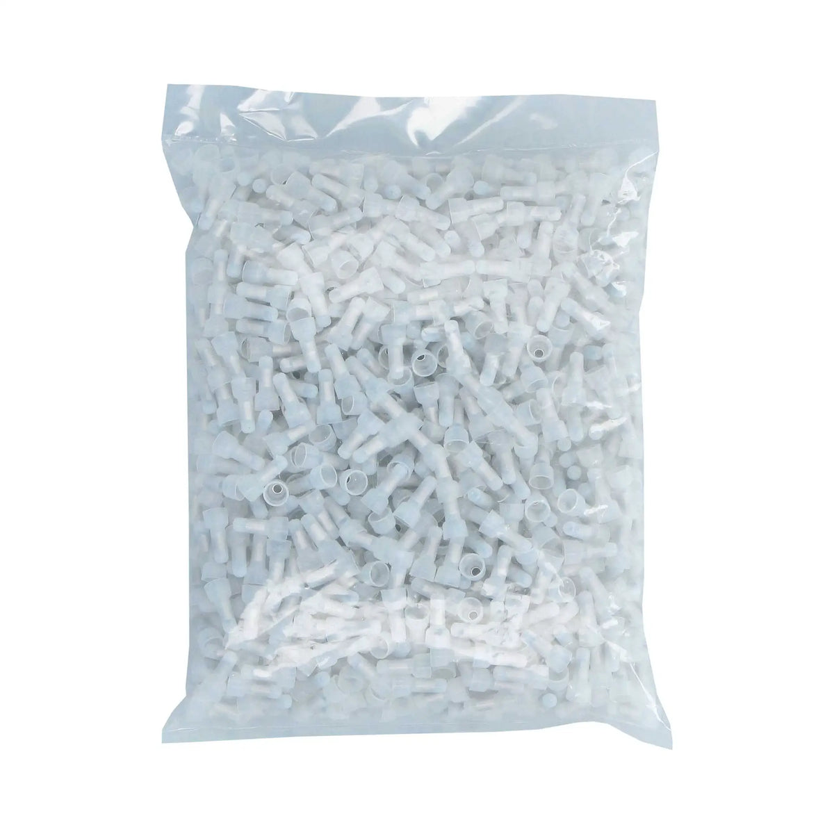 Reverse side of a clear bag filled with white crimp caps